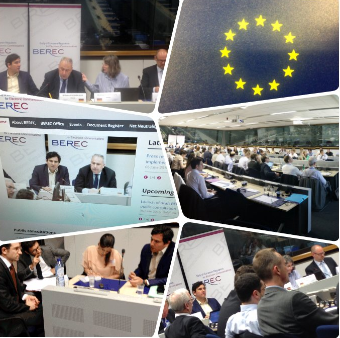 6 images from the launch of BEREC's NN guidelines, the three images on the left feature different members of the meeting at various points, on the right there is a European flag and two pictures of people who attended the launch