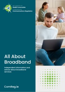 Cover for consumer guide on All About Broadband. The cover depicts three people; a young bearded adult male in a seated position, looking at a laptop on his lap. In the background there is a young adult female and girl in a seated position talking to one another. 