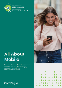 Cover for consumer guide on All About Mobile.  The cover depicts a young adult female smiling and walking in a public place while looking at her mobile phone and wearing ear buds. 