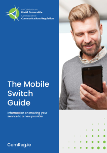Cover for The Mobile Switch Guide.  The cover depicts a middle aged man smiling and looking at a mobile phone he's holding in his hand