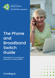 Cover for The Phone and Broadband Switch Guide. The cover depicts an older female in a kitchen setting, smiling and holding a mobile phone up to her ear.  A laptop sits on the counter in front of her alongside a cup and saucer