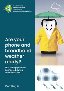 Cover for the Are your phone and broadband weather ready? The cover shows an illustration of a mobile phone in a rain jacket with a rain cloud overhead